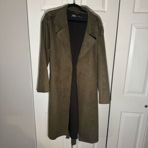 Zara Olive Green Faux Suede Long Coat